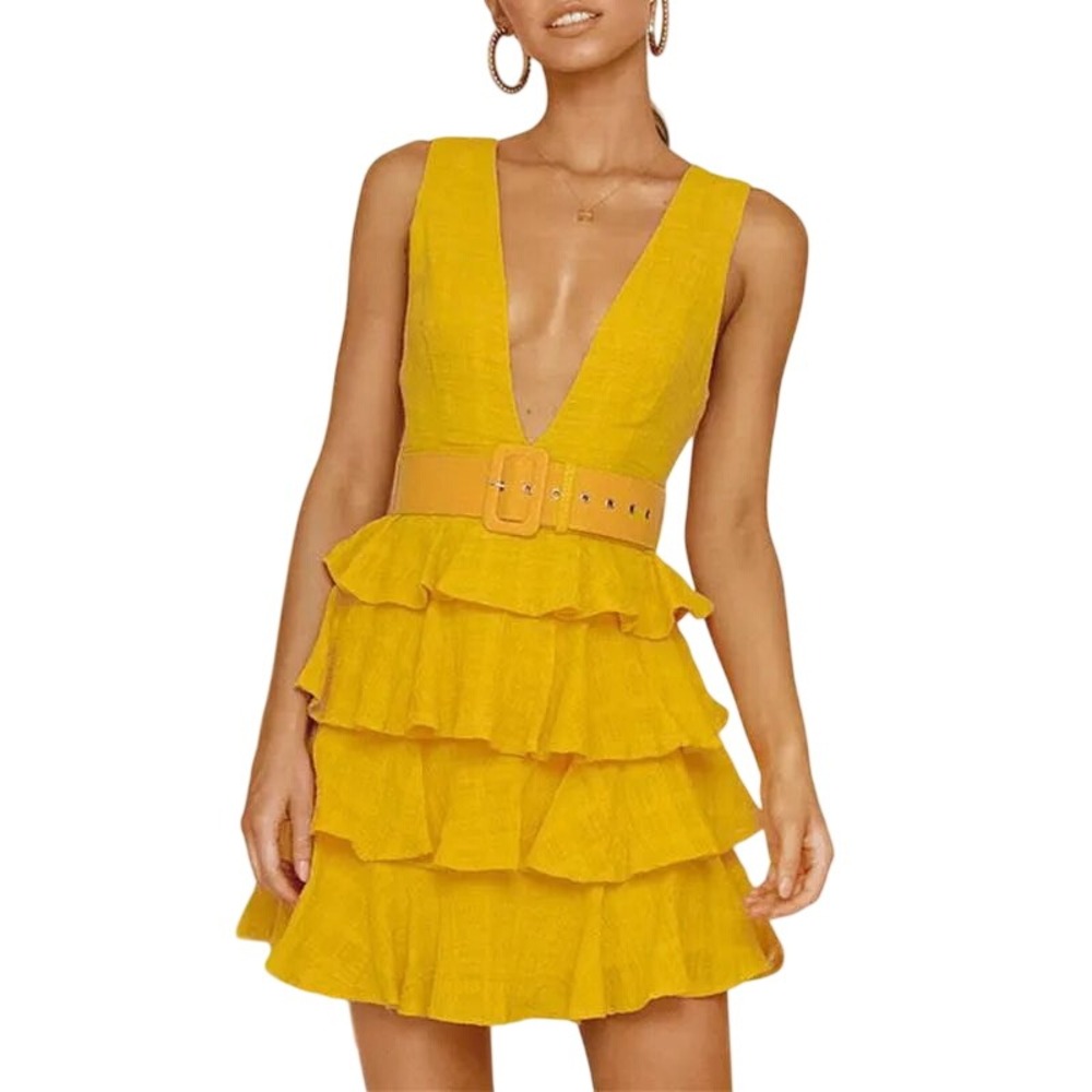 Angel Biba Cotton Belted Tiered Mini Dress Womens S Mustard Yellow Ruffle V-Neck